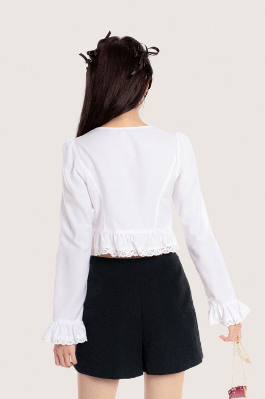 Libe White Lace Trimming Long Sleeves Tie Front Top (Pre-order)