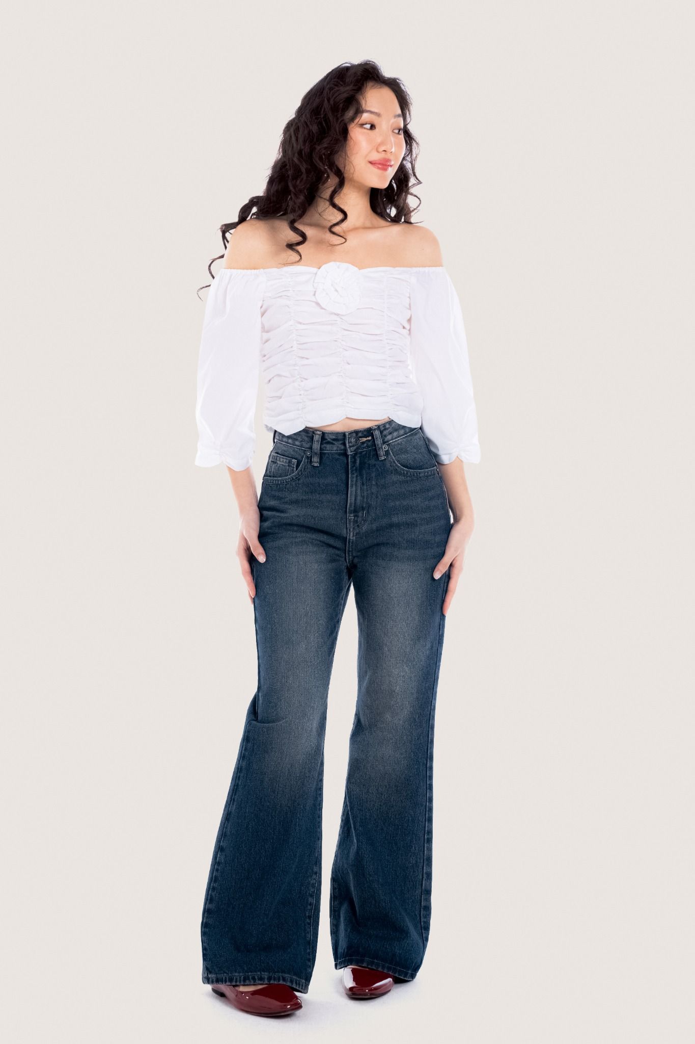Libe White Off Shoulder Flower Embellished Ruched Top (Pre-order)