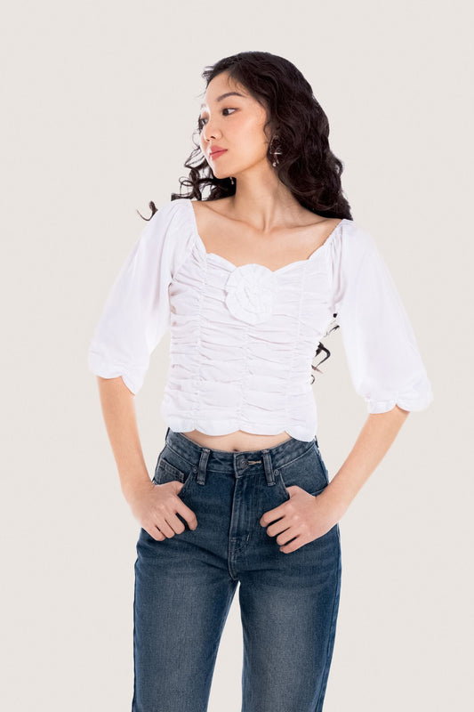 Libe White Off Shoulder Flower Embellished Ruched Top (Pre-order)