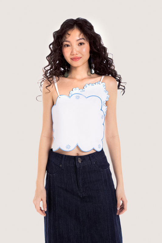 Libe White Scalloped Edge Embroidered Straps Top (Pre-order)