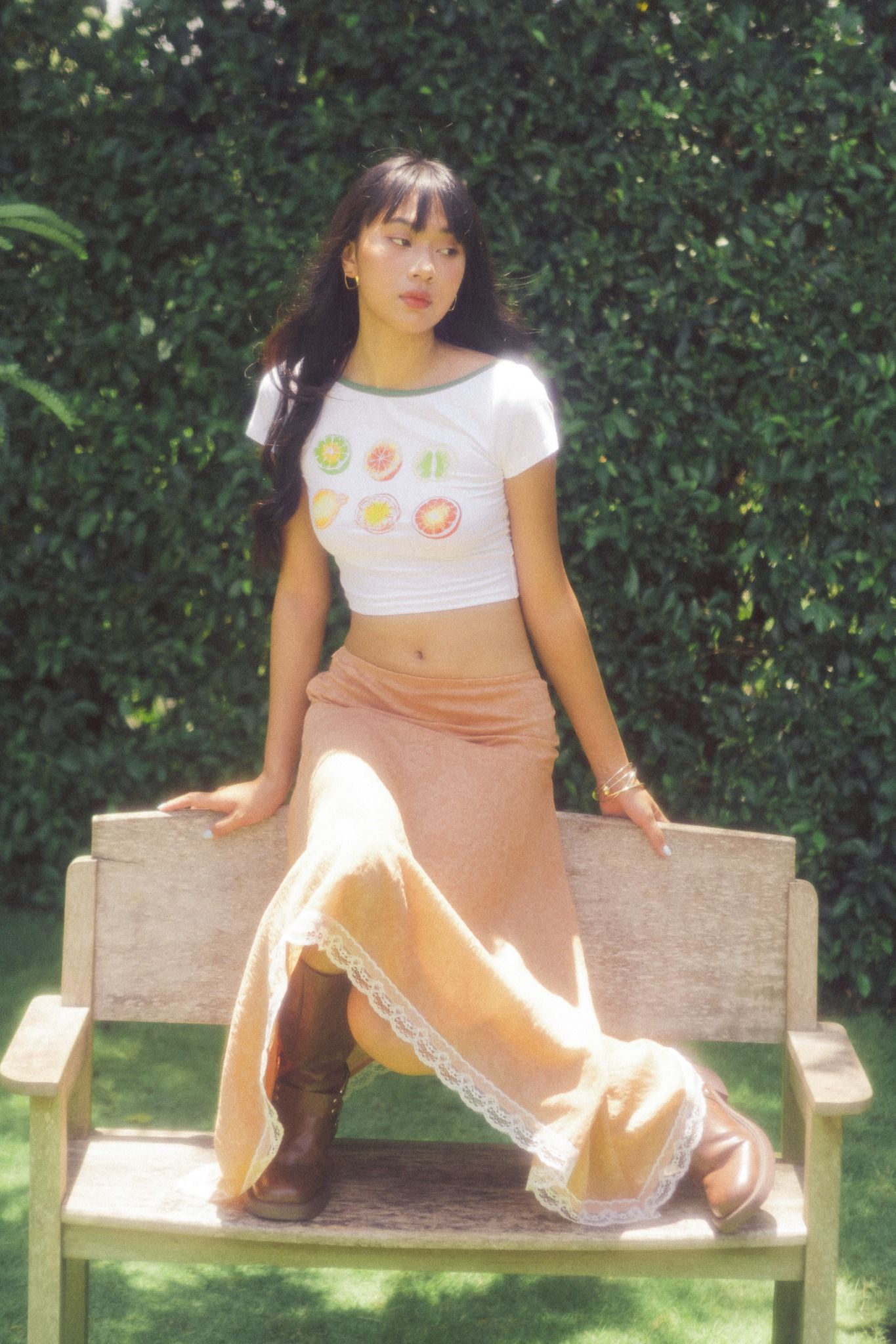 Libe White Tropical Fruits Printed Green Collar Crop Top (Pre-order)