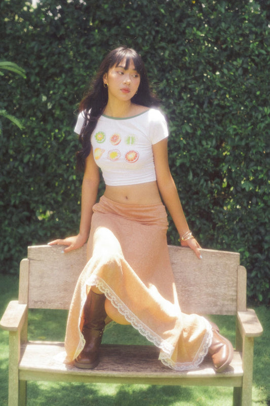 Libe White Tropical Fruits Printed Green Collar Crop Top (Pre-order)