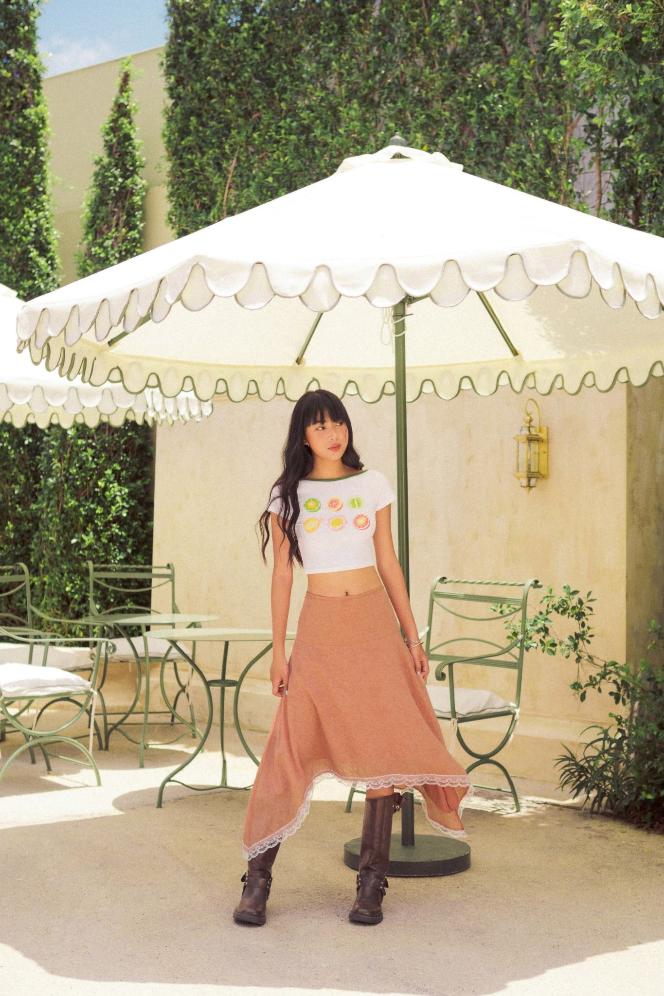 Libe White Tropical Fruits Printed Green Collar Crop Top (Pre-order)