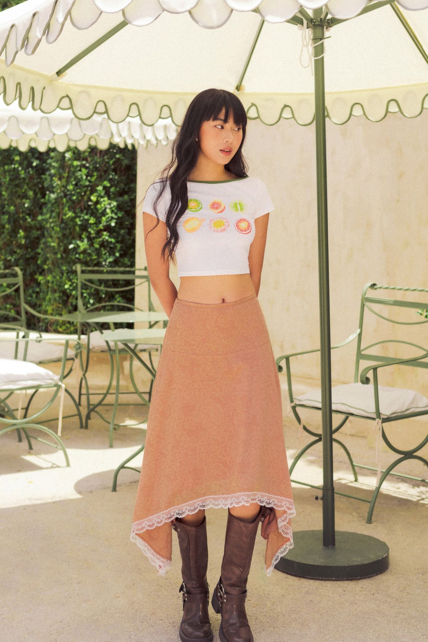 Libe White Tropical Fruits Printed Green Collar Crop Top (Pre-order)
