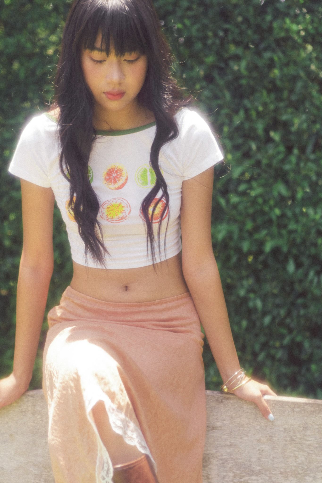 Libe White Tropical Fruits Printed Green Collar Crop Top (Pre-order)