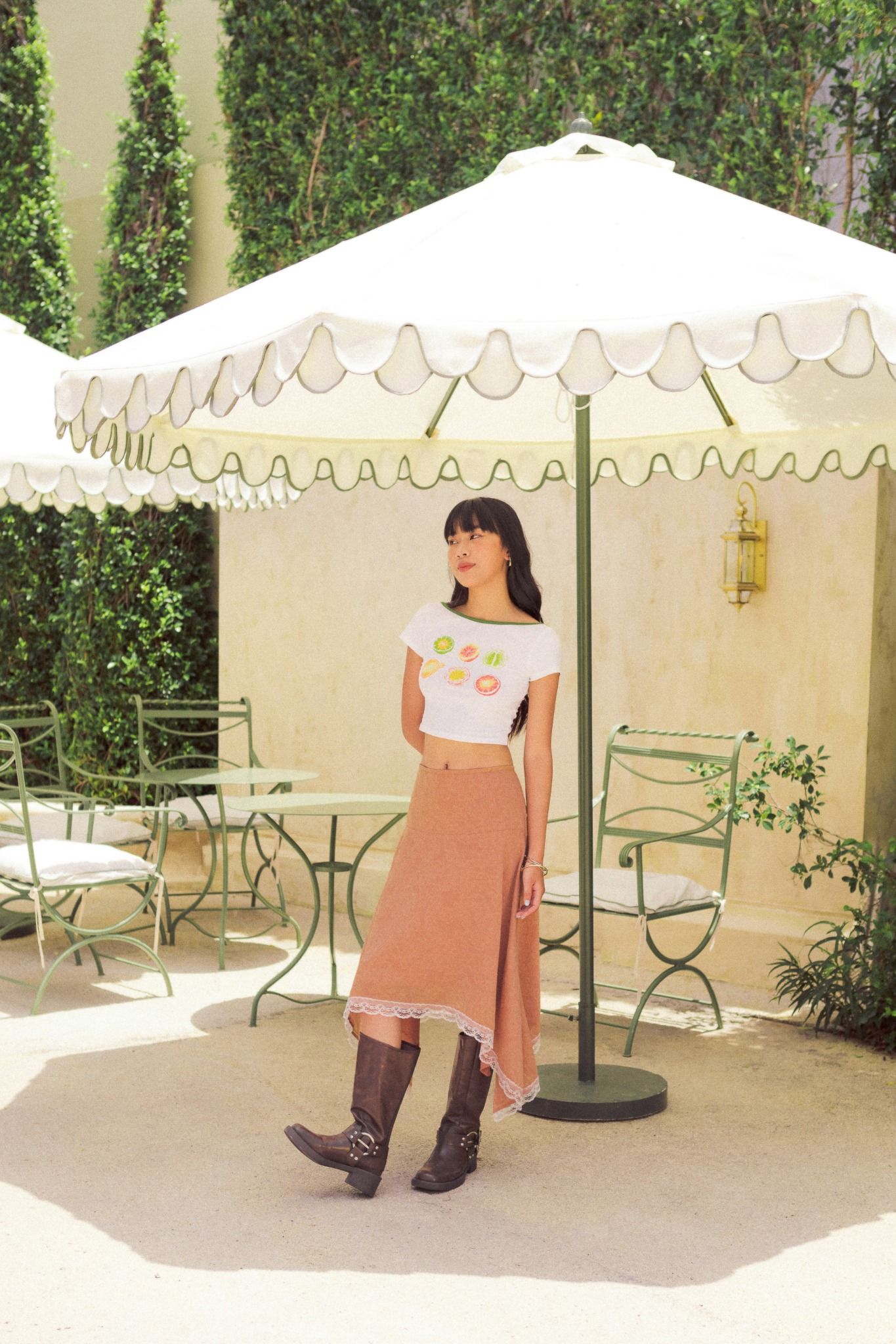 Libe White Tropical Fruits Printed Green Collar Crop Top (Pre-order)