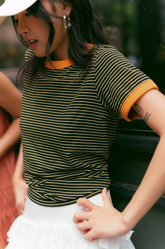 Libe Yellow Neckline Striped Short Sleeve Baby Tee (Pre-order)