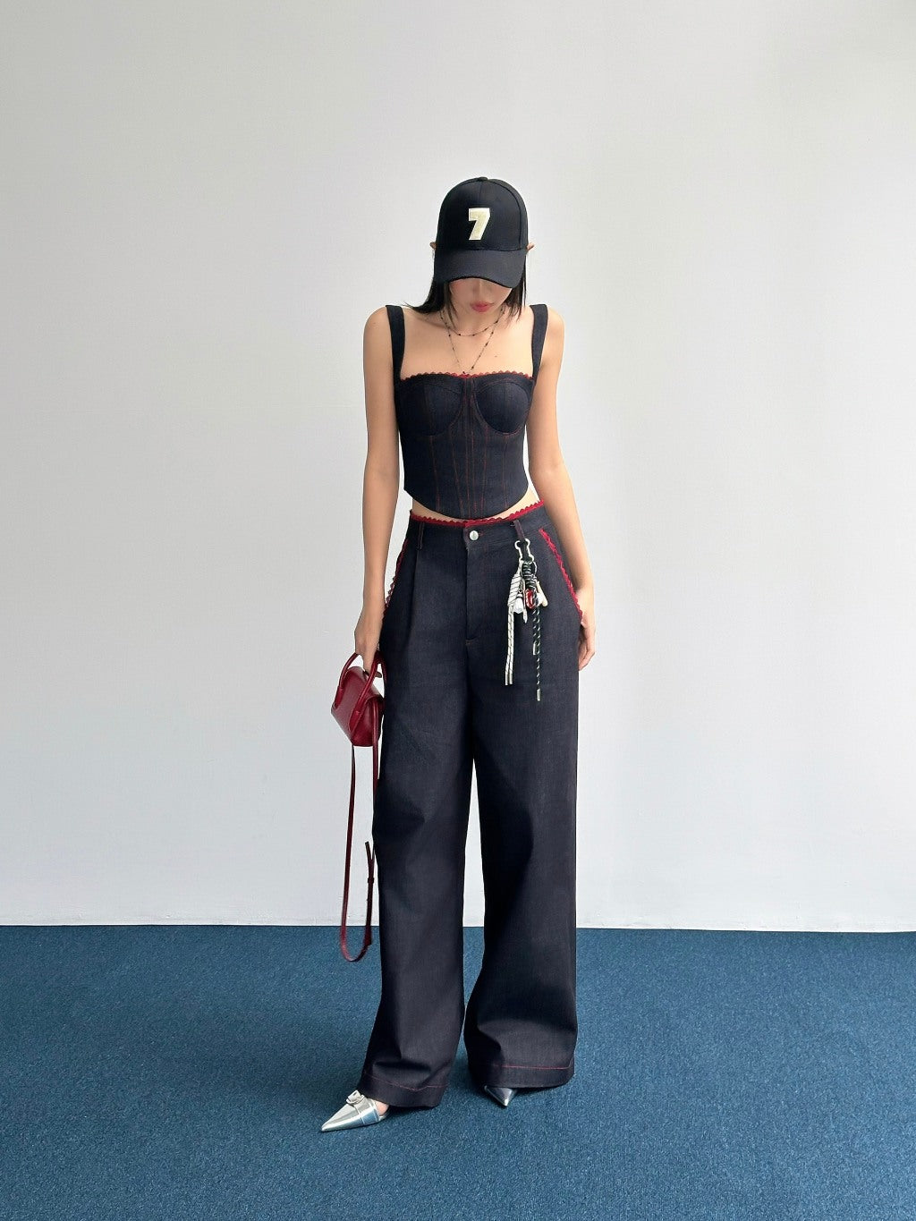 Hoo Desgin Double Strap Denim with Red Lace Trim Top - Delivery in 48h