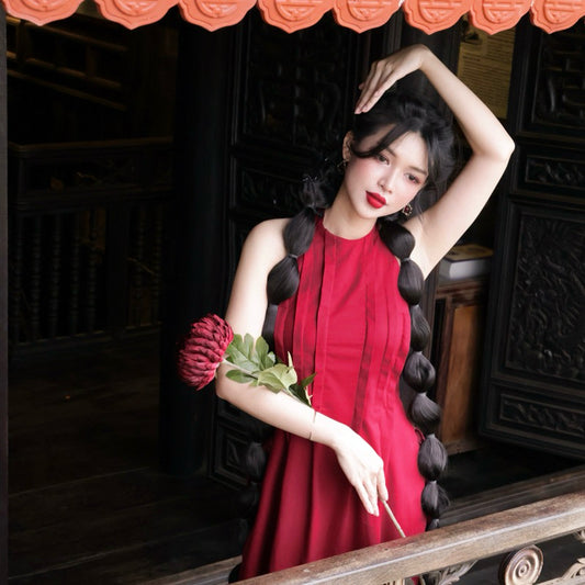 Mania Cutie Hong Xa Ao Dai Set