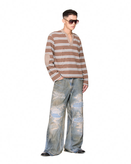 The Beuter Striped Elbow Patch Sweater - Mocha