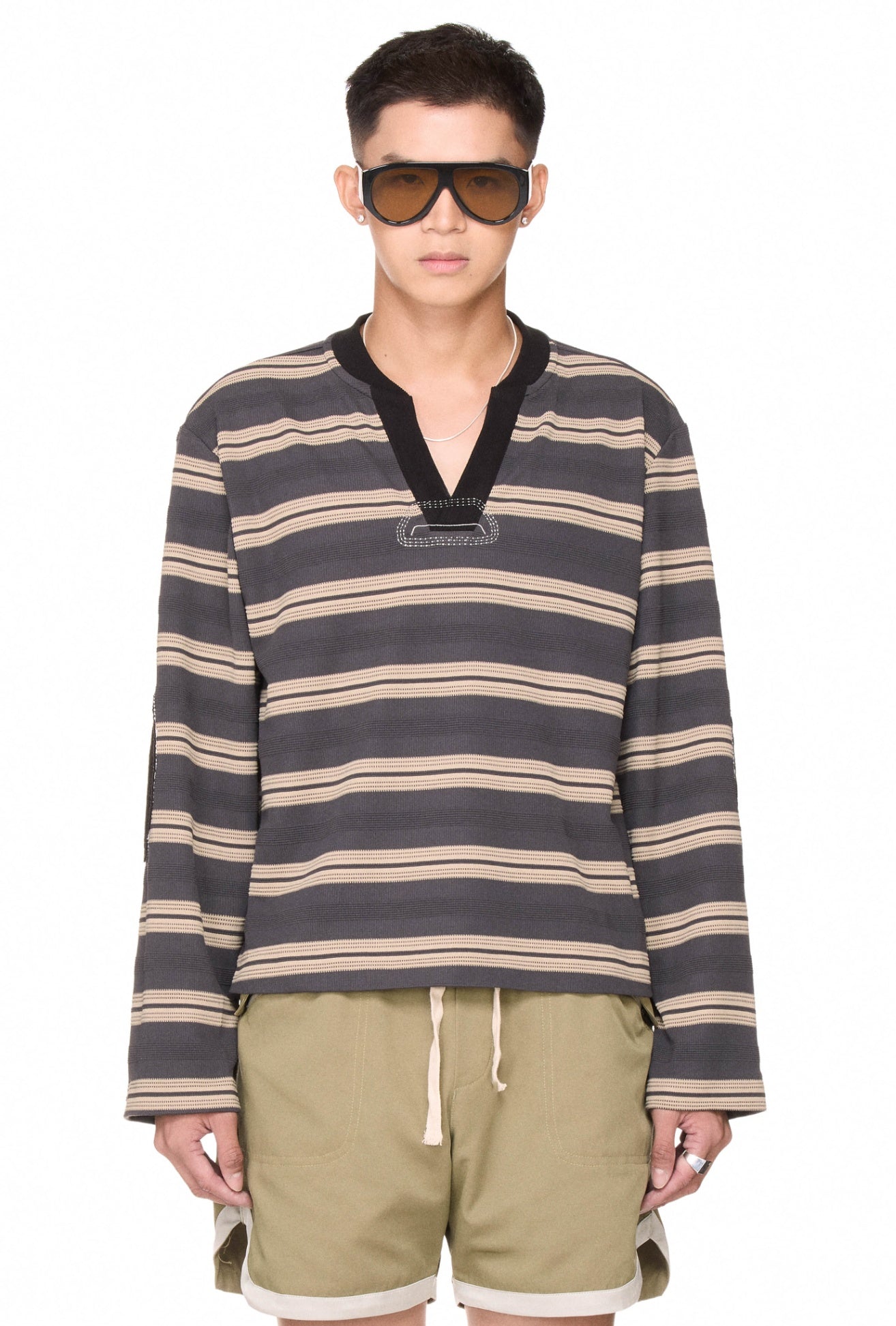 The Beuter Striped Elbow Patch Sweater - Dark Grey