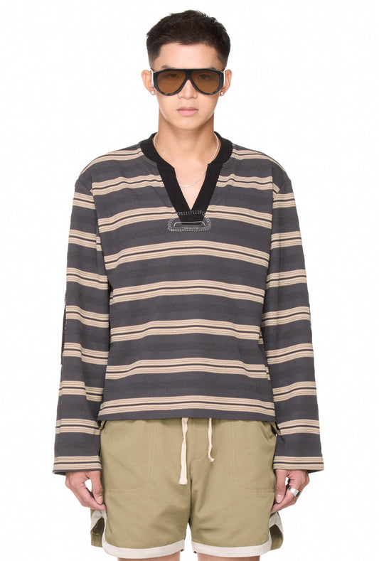 The Beuter Striped Elbow Patch Sweater - Dark Grey