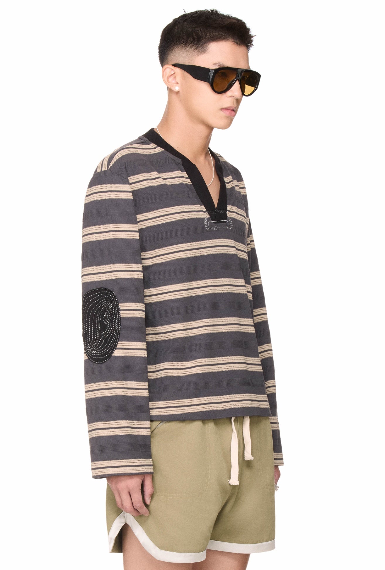 The Beuter Striped Elbow Patch Sweater - Dark Grey