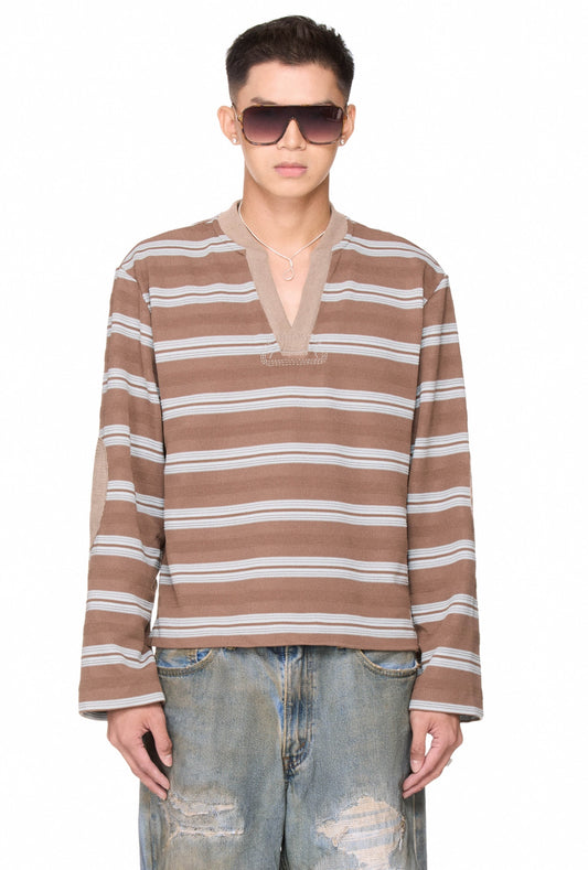 The Beuter Striped Elbow Patch Sweater - Mocha