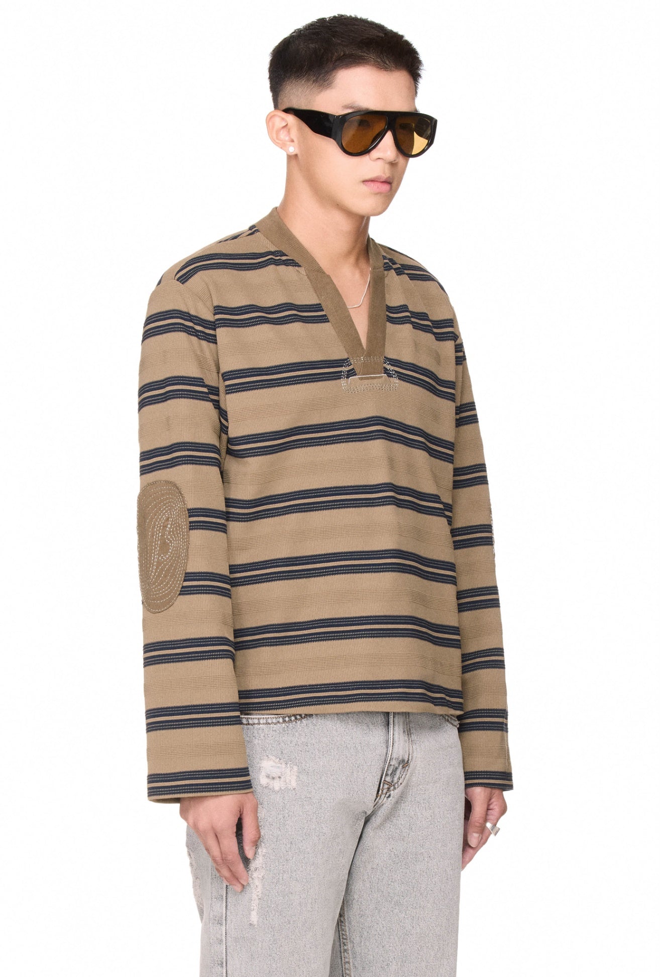 The Beuter Striped Elbow Patch Sweater - Taupe Gray