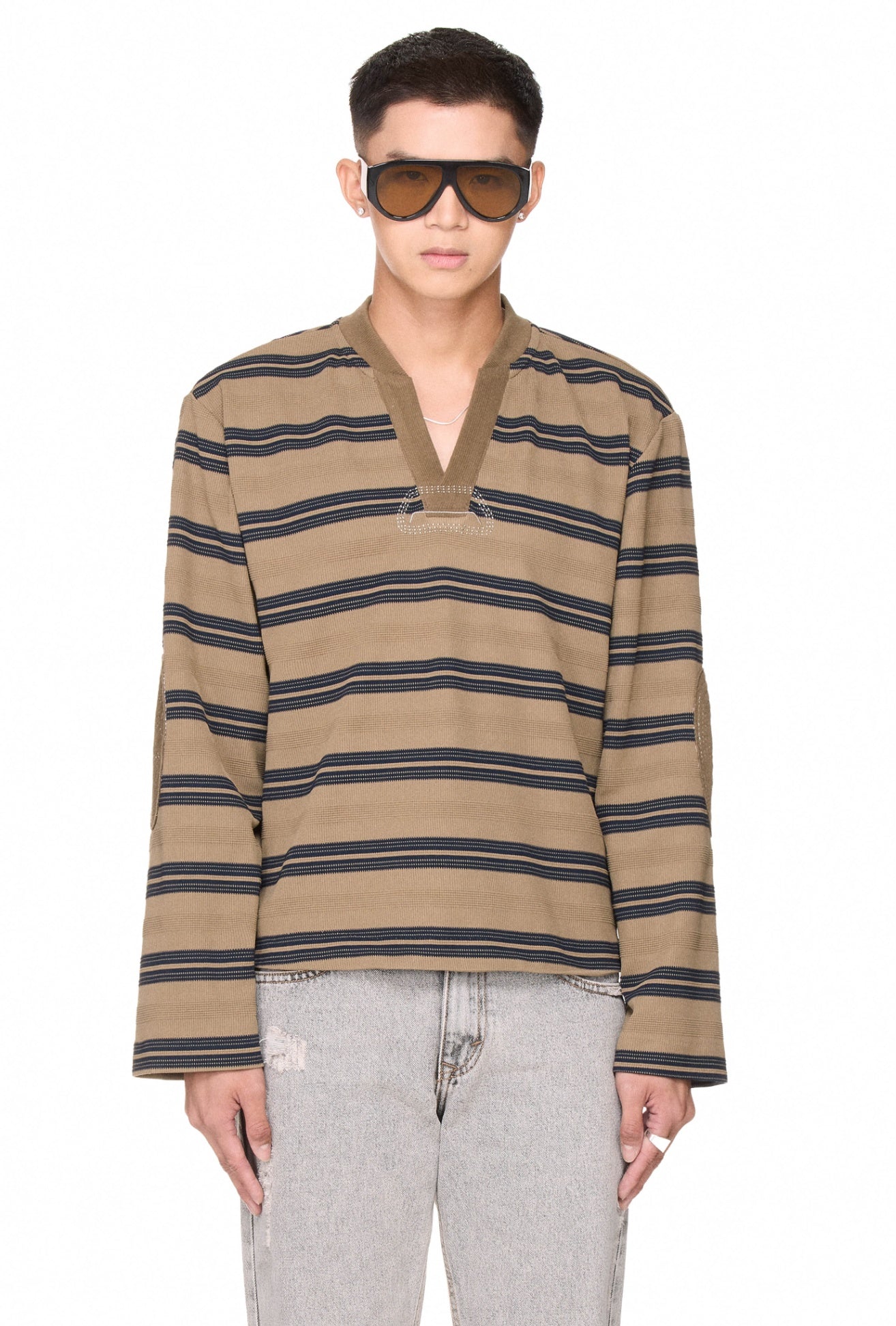The Beuter Striped Elbow Patch Sweater - Taupe Gray