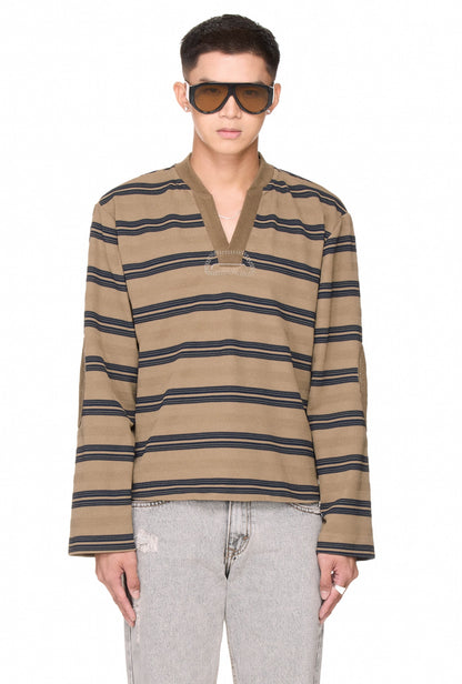 The Beuter Striped Elbow Patch Sweater - Taupe Gray