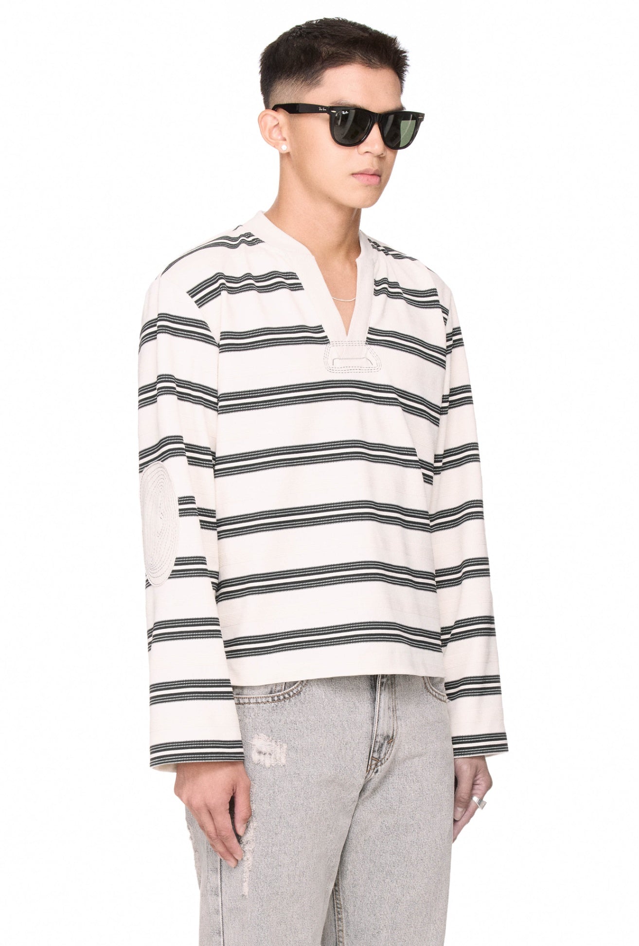 The Beuter Striped Elbow Patch Sweater - White
