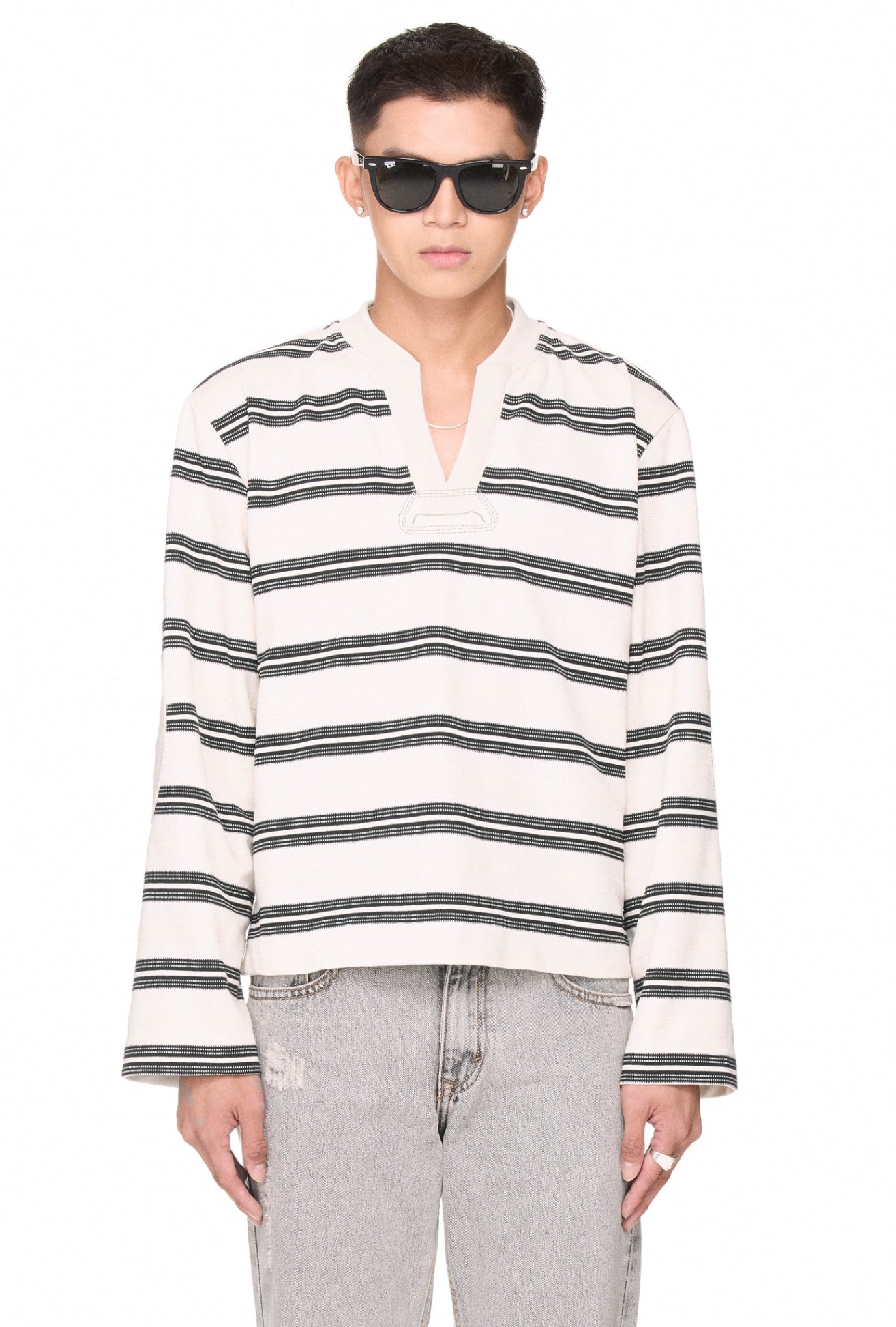 The Beuter Striped Elbow Patch Sweater - White
