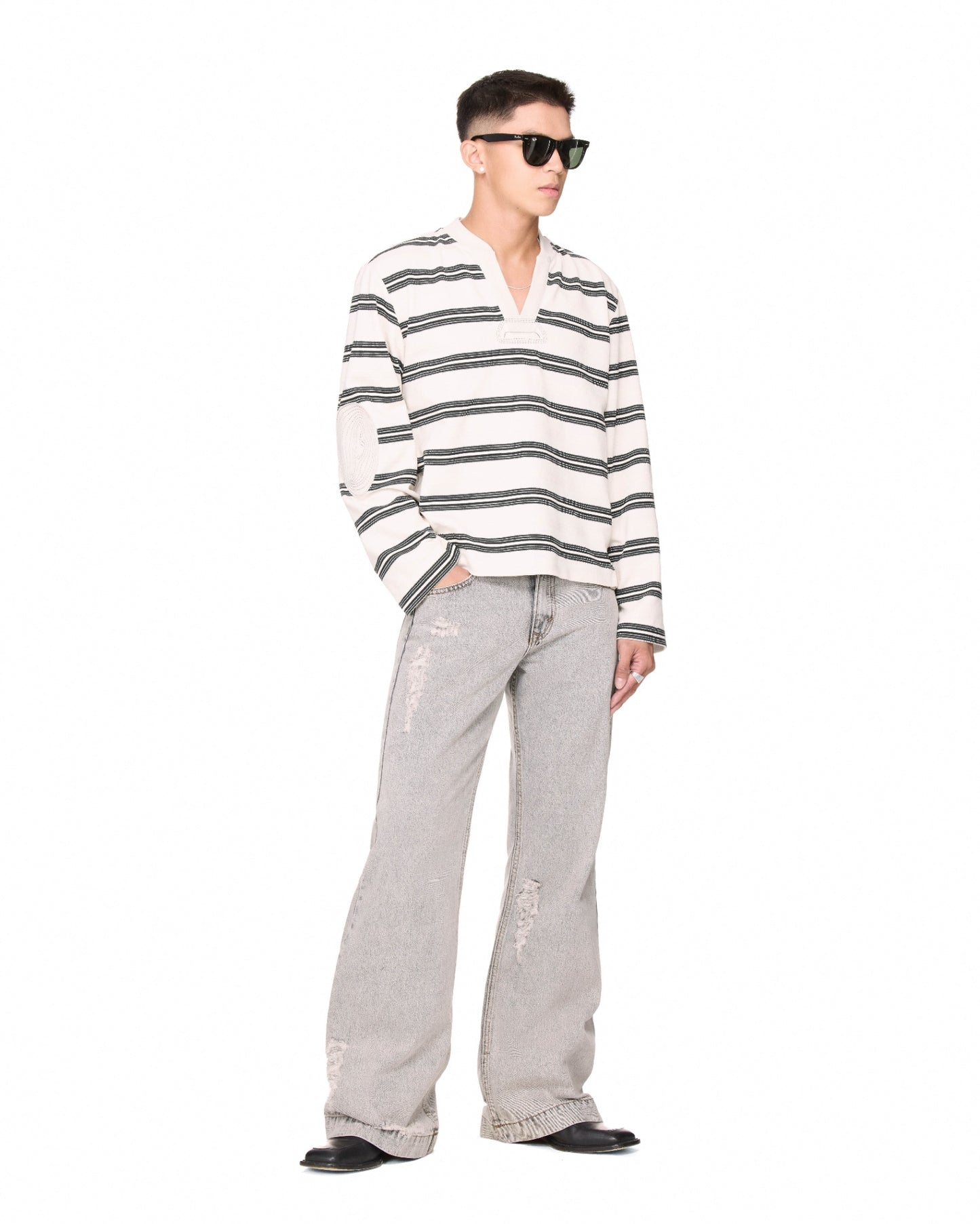 The Beuter Striped Elbow Patch Sweater - White