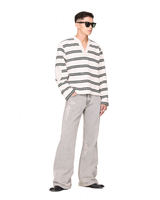 The Beuter Striped Elbow Patch Sweater - White