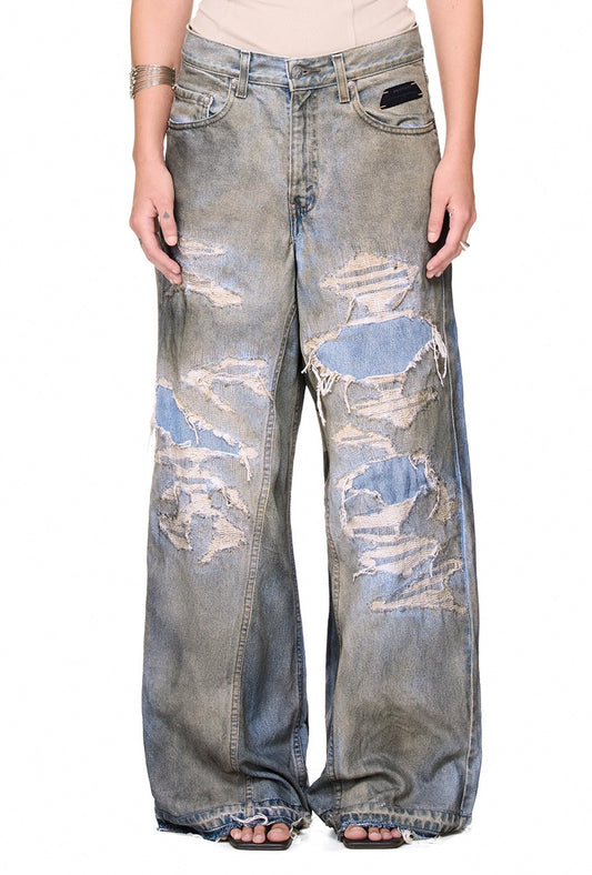 The Beuter Handcrafted Distressed Recycled Baggy Jeans - Blue