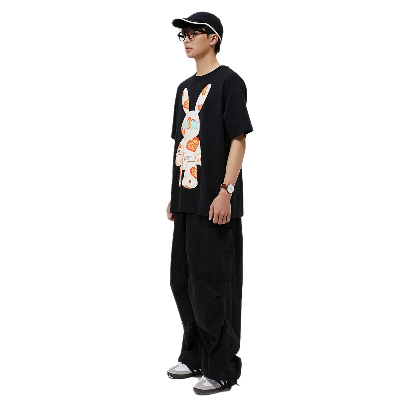 Bad Rabbit Club Heart Pattern Rabbit Tee - Black