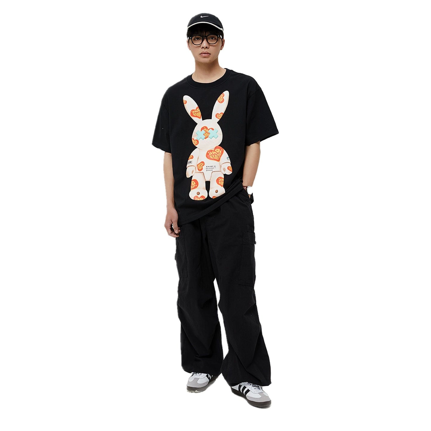 Bad Rabbit Club Heart Pattern Rabbit Tee - Black
