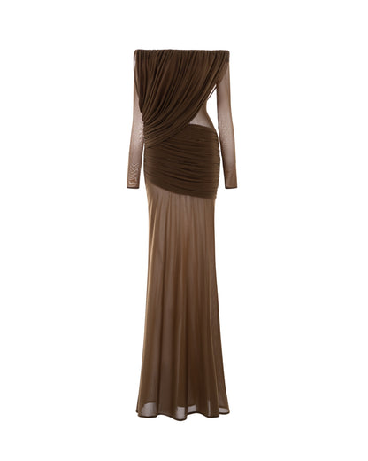Mollynista Off-Shoulder Draped Mesh Dress