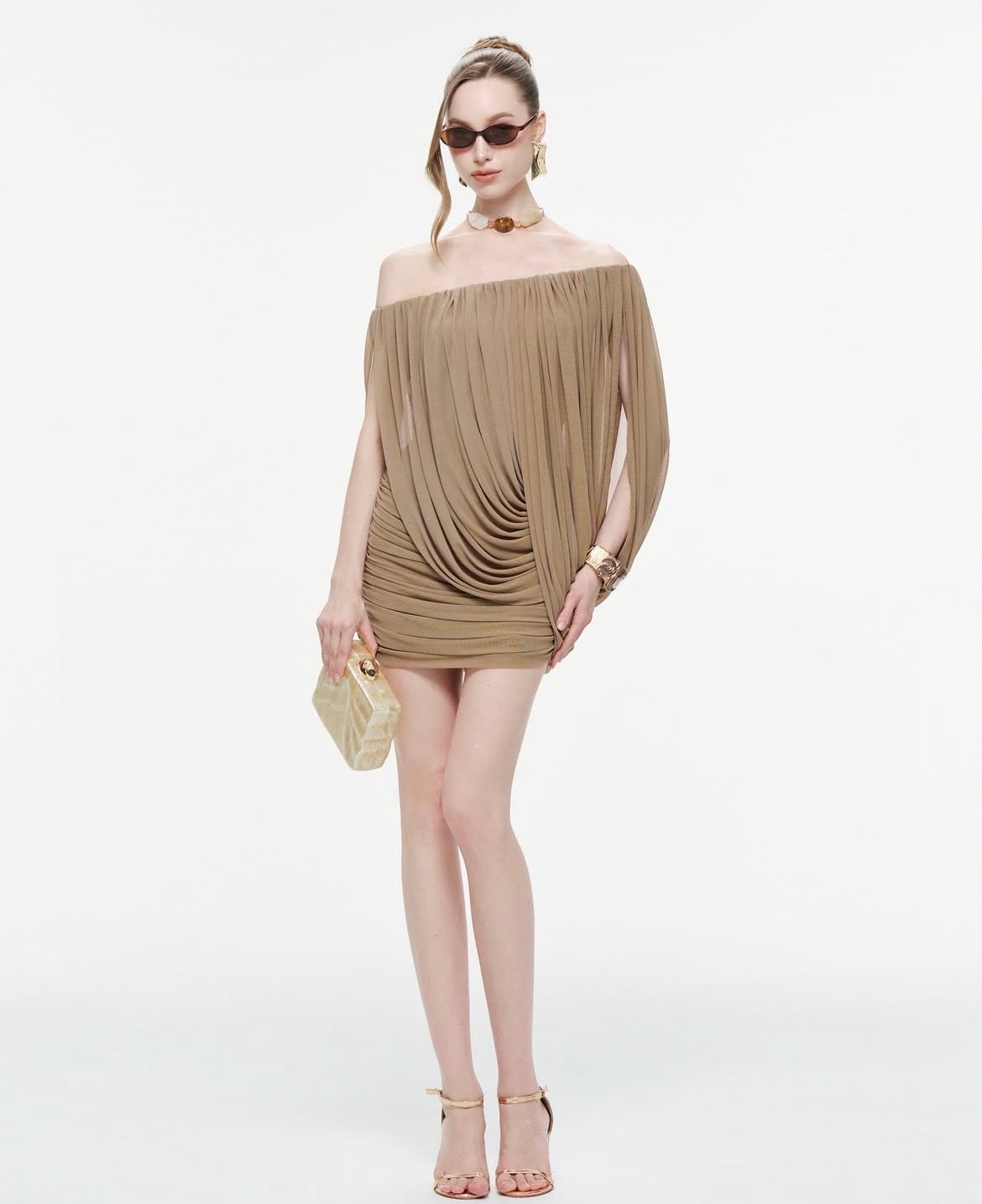 Mollynista One- Shoulder Stretch Mesh Cape Dress