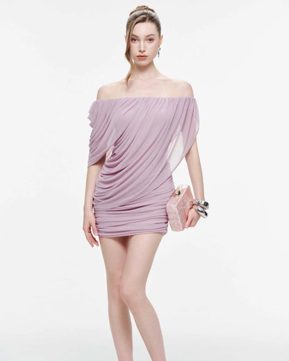 Mollynista One- Shoulder Stretch Mesh Cape Dress