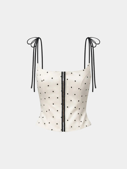 Hoo Design Beige Polka-Dot Front-Hook Strap Top With Back Zipper
