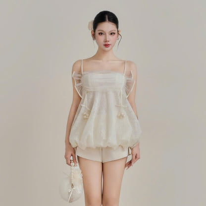 Colin Lace Bubble Cami Top With Mesh Ruffle Bust