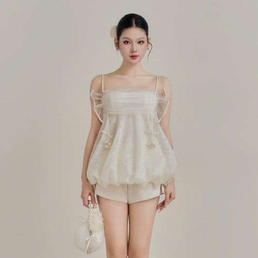 Colin Lace Bubble Cami Top With Mesh Ruffle Bust