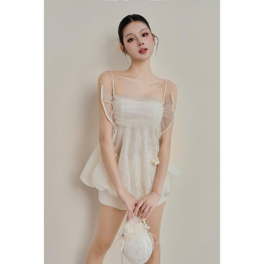 Colin Lace Bubble Cami Top With Mesh Ruffle Bust