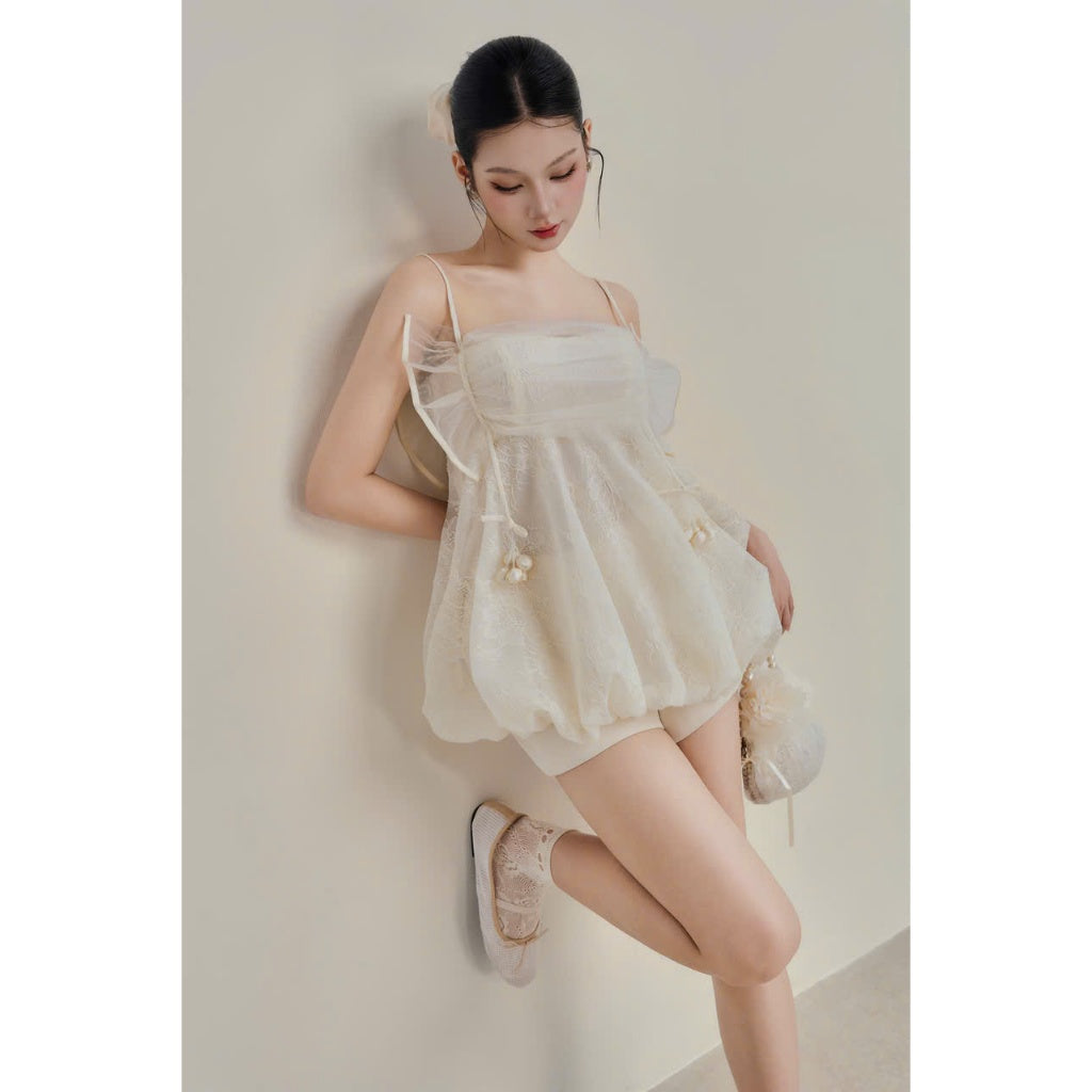 Colin Lace Bubble Cami Top With Mesh Ruffle Bust