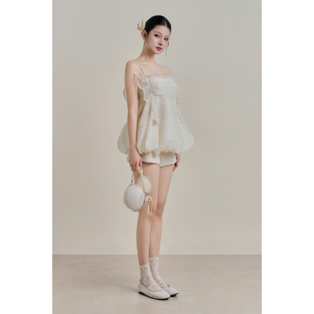 Colin Lace Bubble Cami Top With Mesh Ruffle Bust
