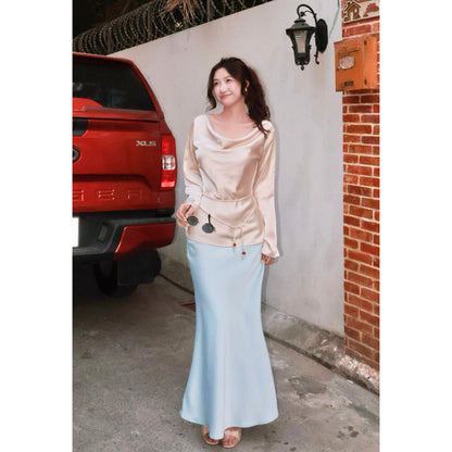 La Boutique Cowl Neck Flare-Sleeve Silk Top