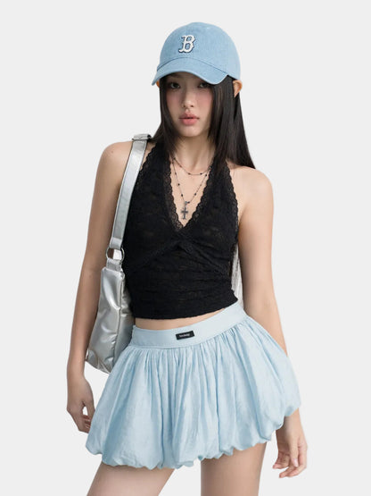 Hoo Design Black Lace Halter Open-Back Tie-Neck Top