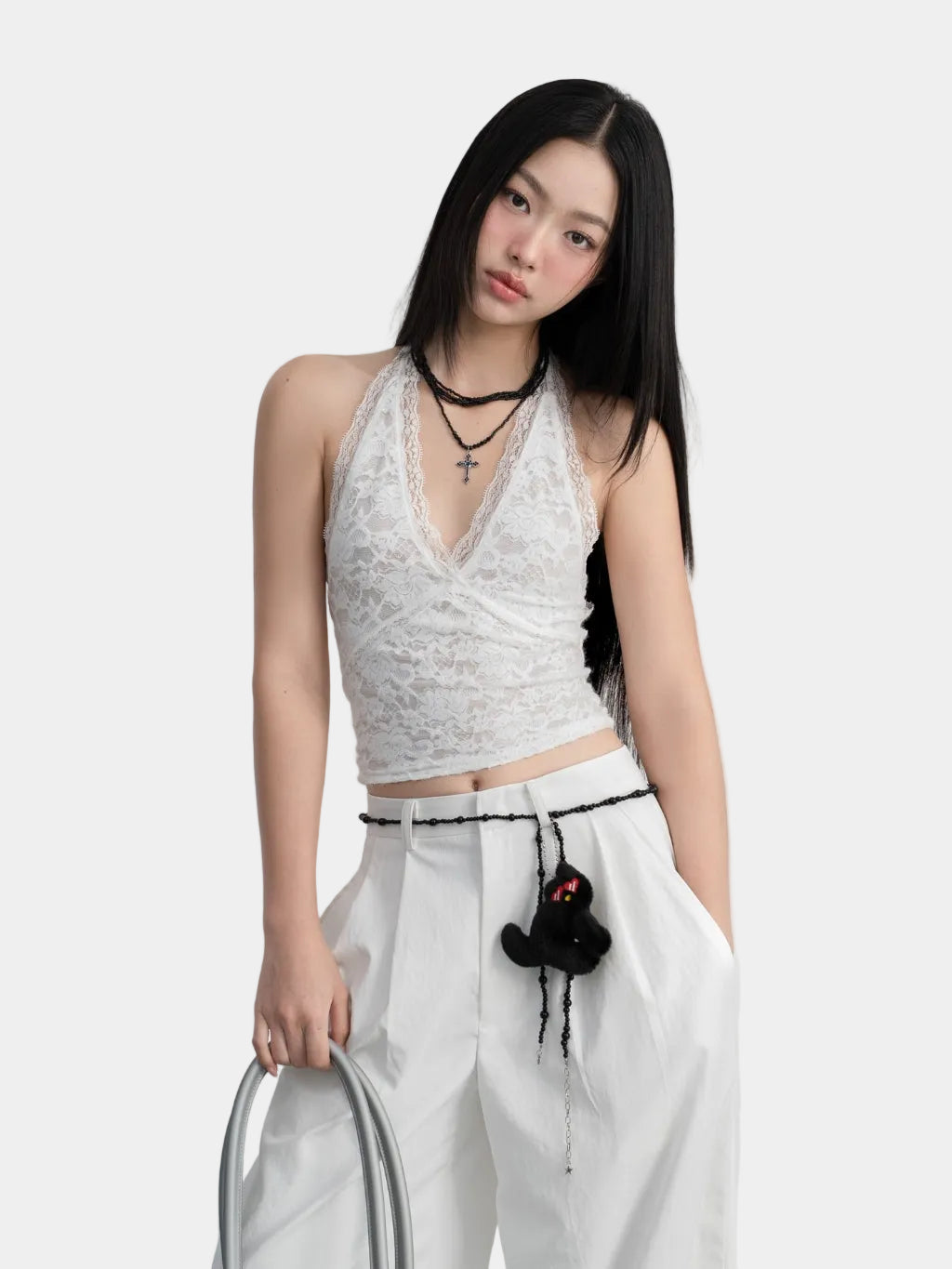 Hoo Design White Lace Halter Open-Back Tie-Neck Top