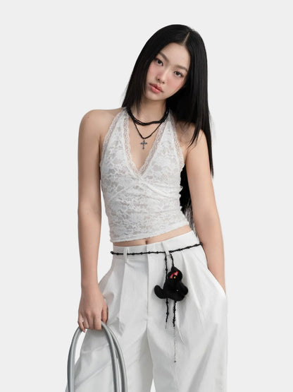 Hoo Design White Lace Halter Open-Back Tie-Neck Top