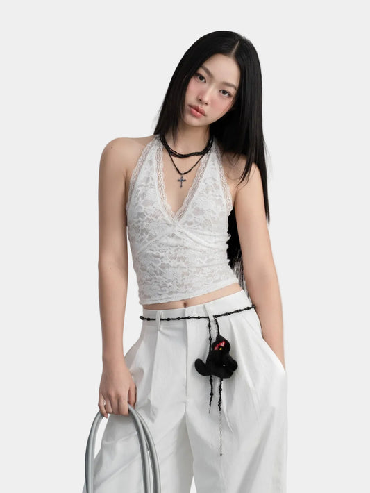 Hoo Design White Lace Halter Open-Back Tie-Neck Top