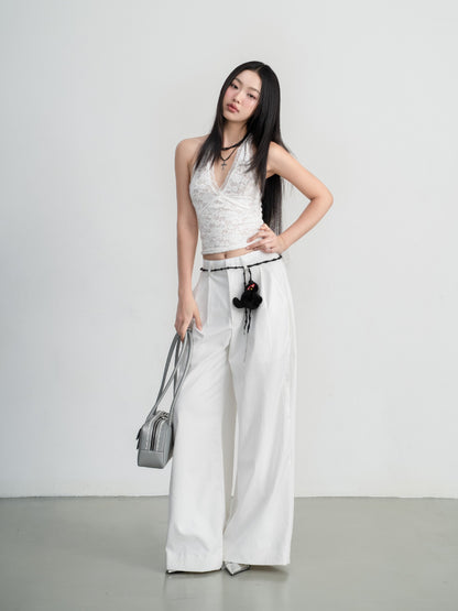 Hoo Design White Lace Halter Open-Back Tie-Neck Top