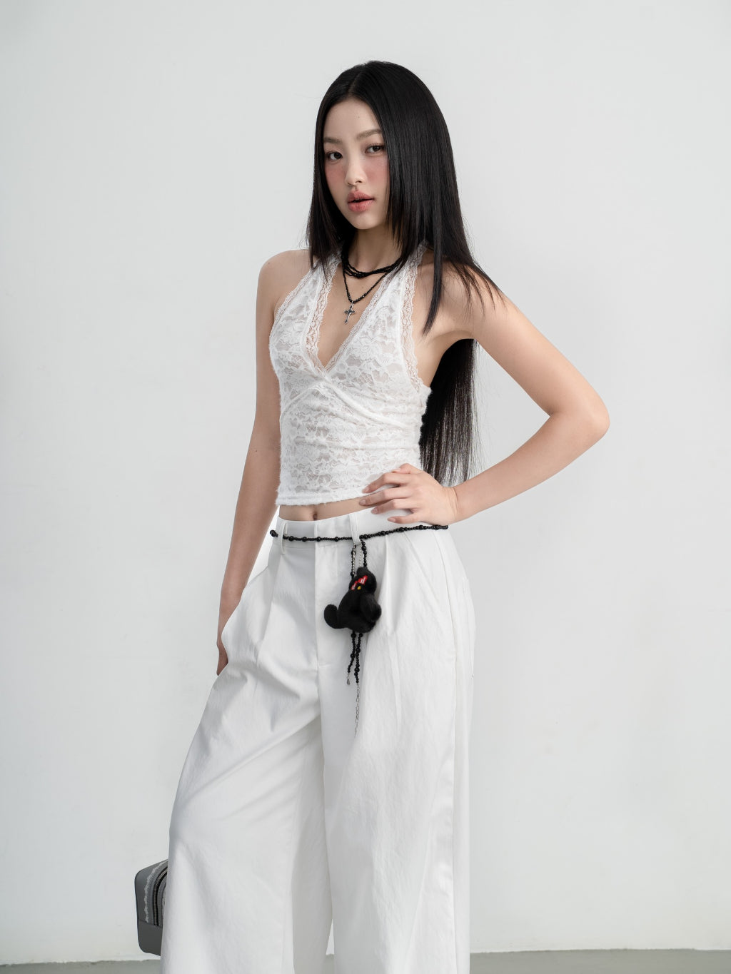 Hoo Design White Lace Halter Open-Back Tie-Neck Top