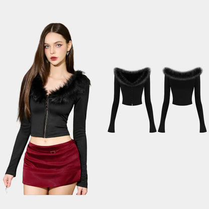 Kill System Fur V-Neck Long Sleeve Top Fine Girl