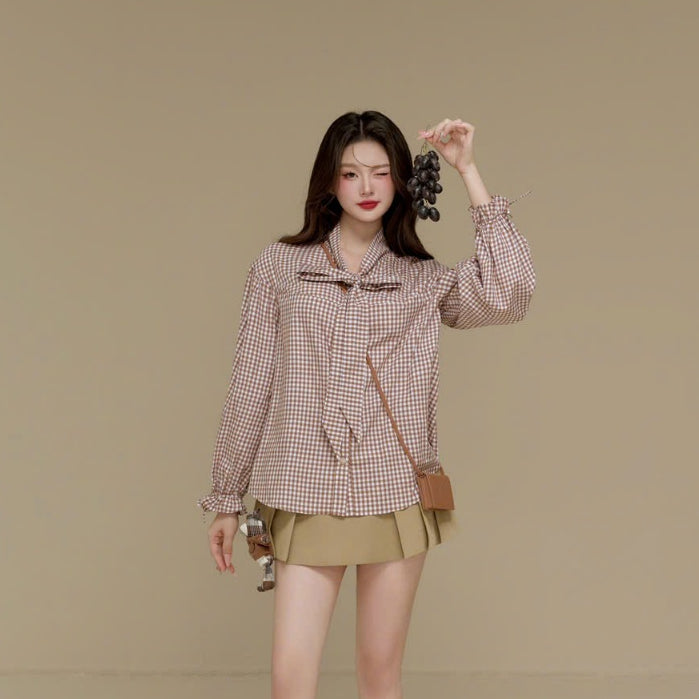Colin Check Plaid Long-Sleeve Blouse With Neck Ribbon (Pre-order)