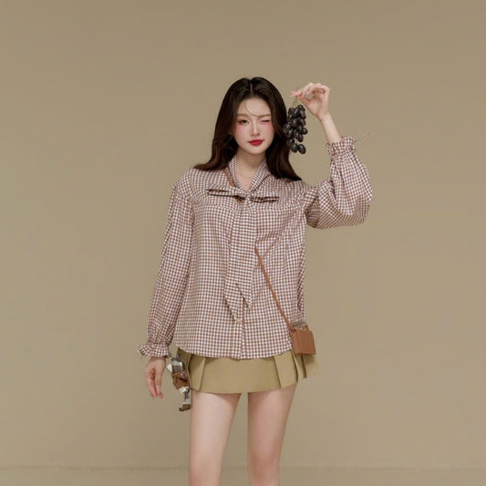 Colin Check Plaid Long-Sleeve Blouse With Neck Ribbon (Pre-order)