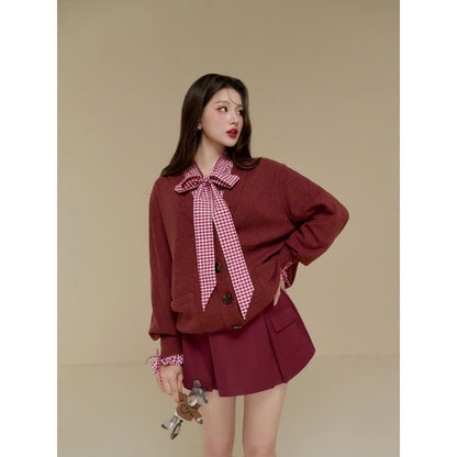 Colin Check Plaid Long-Sleeve Blouse With Neck Ribbon (Pre-order)
