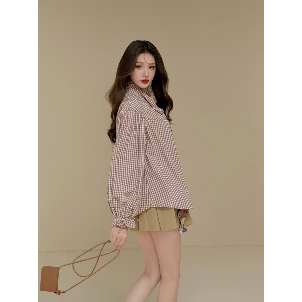 Colin Check Plaid Long-Sleeve Blouse With Neck Ribbon (Pre-order)