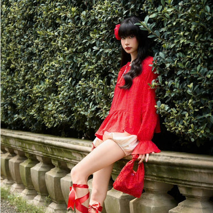 Colin Pleated Chiffon Blouse With Long Sleeves And Ruffle Trim (Pre-order)